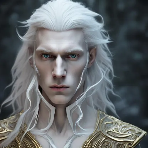 Prompt: Cinematic, 8K HD 3D portrait of beautiful albino male, noble wizard, portrait, pale beautiful face, grey stunning eyes, pale, extra long white hair, elegant wizard clothes, light contrast, noble, perfect anatomy, perfect male beauty, golden ratio