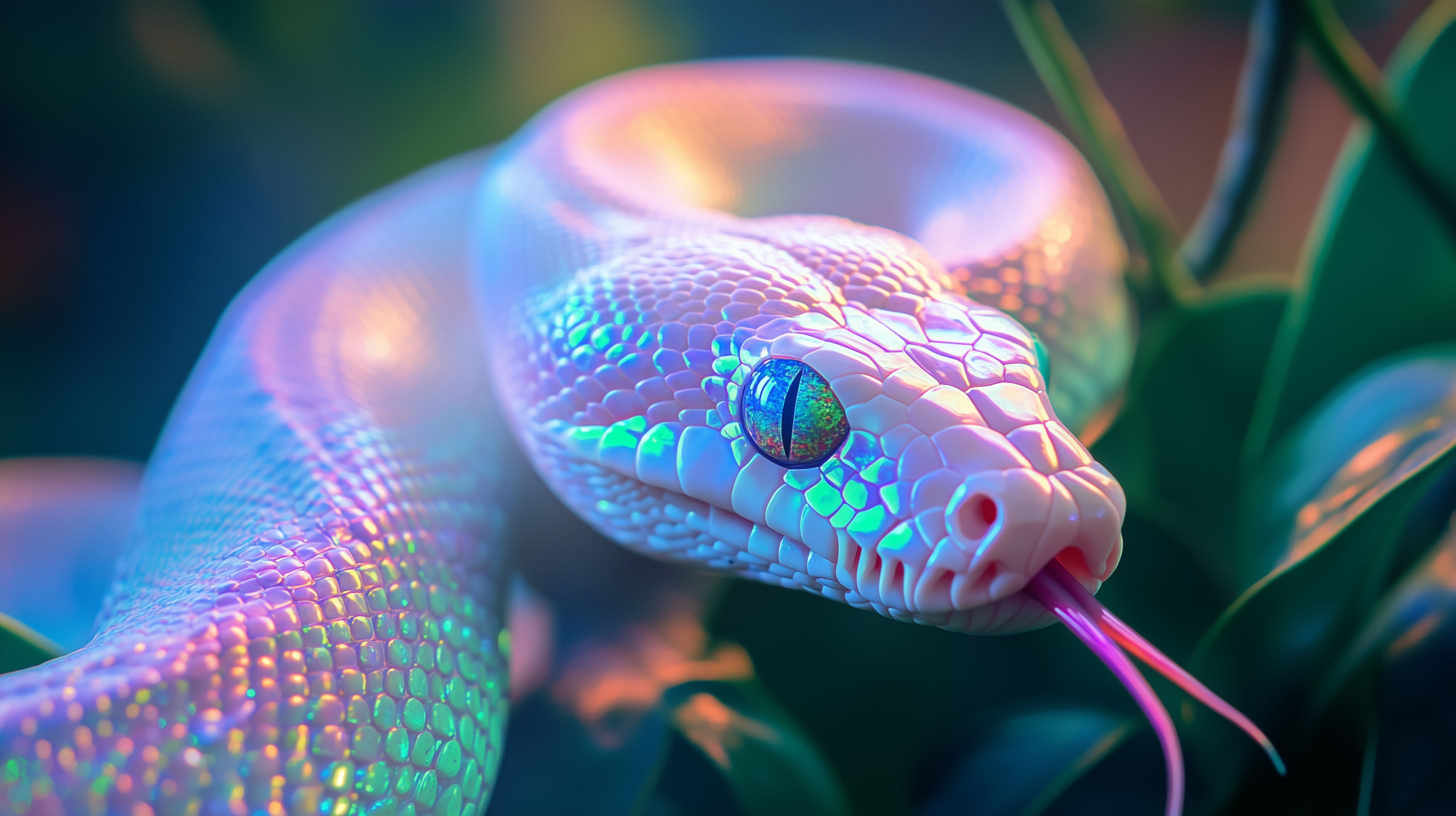 Prompt:  A translucent white python with rainbow colored scales that fade in the light, surrounded by dark green foliage and twigs making the reptile pop out in the image, shadowed scales, bright blue and green heterochromatic eyes, perspective head is coming towards the camera and flicking it's tongue, realistic, soft light, national geographic, jungle