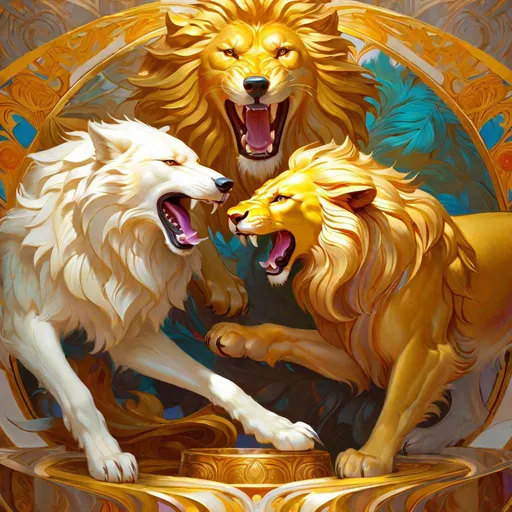 Prompt: angry white wolf fighting a golden lion, Greg Rutkowski, John William Waterhouse, Alphonse Mucha, (vibrant colors:4), full hd, high quality, 4k, trending on artstation, oil painting, symmetrical, intricate, highly detailed,