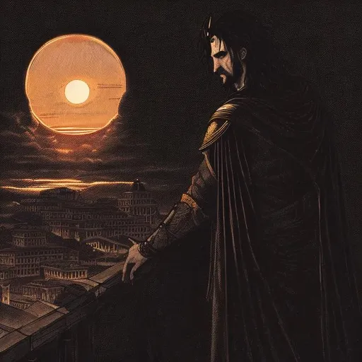 Prompt: King of vampires looking out over a roman styled city from a balcony silhouetted by the twilight of a setting sun