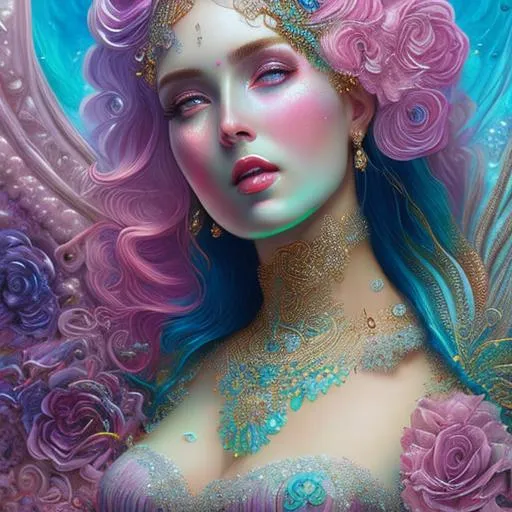 Prompt: Intricately detailed front facing elaborate beautiful ocean mermaid woman goddess glossy lipstick intricate glistening skin face bright eyes prismatic jelly blue pink clear dress long hair hyperdetailed painting by Ismail_Inceoglu Tom Bagshaw Dan Witz CGSociety ZBrush Central fantasy art 4K, bubbles in background digital painting, digital illustration, extreme detail, digital art, ultra hd, vintage photography, beautiful, tumblr aesthetic, retro vintage style, hd photography, hyperrealism, extreme long shot, telephoto lens, motion blur, wide angle lens, deep depth of field, warm, anime Character Portrait, Symmetrical, Soft Lighting, Reflective Eyes, Pixar Render, Unreal Engine Cinematic Smooth, Intricate Detail, anime Character Design, Unreal Engine, Beautiful, Tumblr Aesthetic,  Hd Photography, Hyperrealism, Beautiful Watercolor Painting, Realistic, Detailed, Painting By Olga Shvartsur, Svetlana Novikova, Fine Art