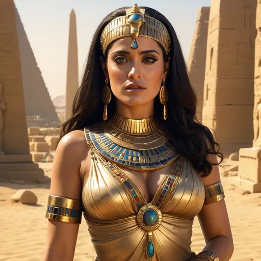 Prompt: cleopatra portrayed by salma hayek highly detailed on the center on an ancient Egyptian city