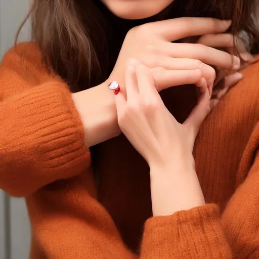 Prompt: Show red string knotted onto a women's wrist like a bracelet. The woman has caramel brown skin