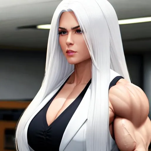 Prompt: {{long white hair}}
{{woman, enormous muscles, giant muscles, muscular woman, hulking, flexing, biceps, full body}}
{{business suit, jacket, bulging clothes, office}}
perfect face, perfect body, photorealistic, hyperrealistic, photograph, 22mm lens, 4k, hard lighting