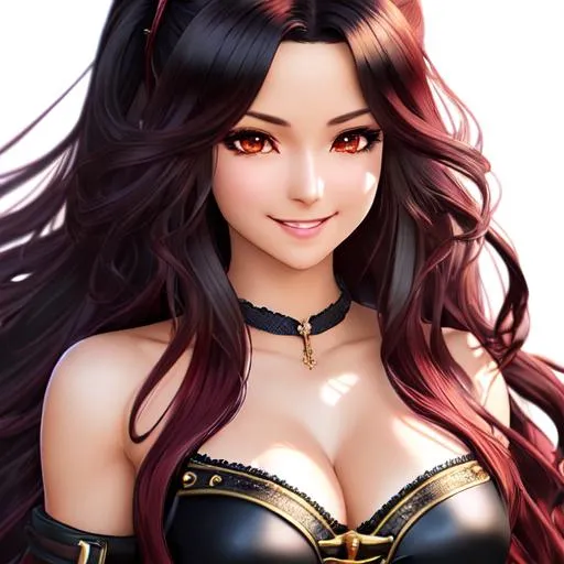 Prompt: extremely realistic, hyperdetailed, extremely long black wavy hair anime girl, deep red blush, smiling happily, wears steampunk clothing, toned body, showing abs midriff, highly detailed face, highly detailed eyes, full body, whole body visible, full character visible, soft lighting, high definition, ultra realistic, 2D drawing, 8K, digital art