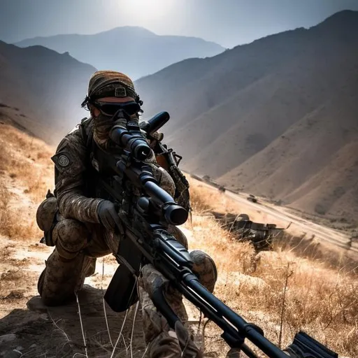 Prompt: Special forces sniper using a modern clean black 50. cal sniper
 wearing all black laying in bushes under the stary night sky looking over afghani village
