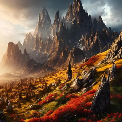 Prompt: tall tower, sunlight, mountain side, landscape, fantasy art, high detail, very realistic