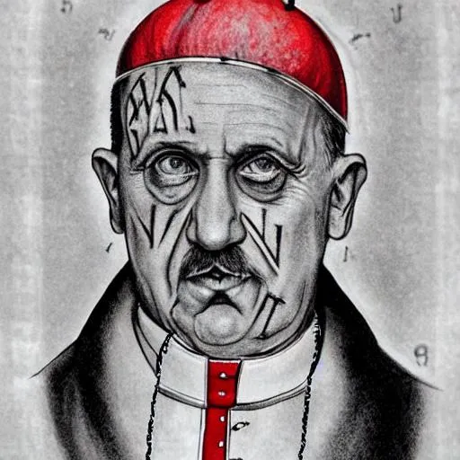Prompt: hyper realistic hyper real vatican pope with hitler mustash and 666 drawn in red ink on forehead in red ink  in front of upside down american flag mark of beast on skin inside the vatican federal reserve wearing 666 all over with 666 on forehead damnit