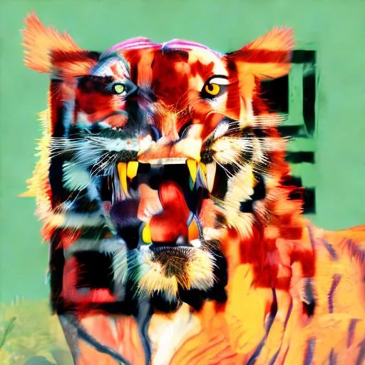 Prompt: Red green tiger with mouth open 