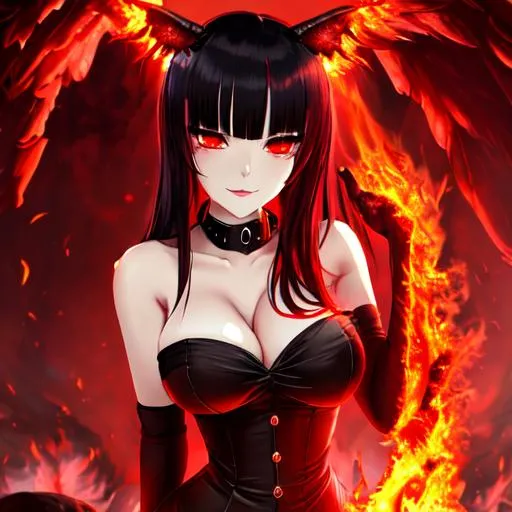 Prompt: Anime, fire-pit hell-girl, Confident, Red Blazing Eyes, Black_Hair, Peculiar, Torment, Sadistic, Killer Woman, Highres, Restoration, Blazing Embers, Unethical Ruler, Mistress Succubi, 