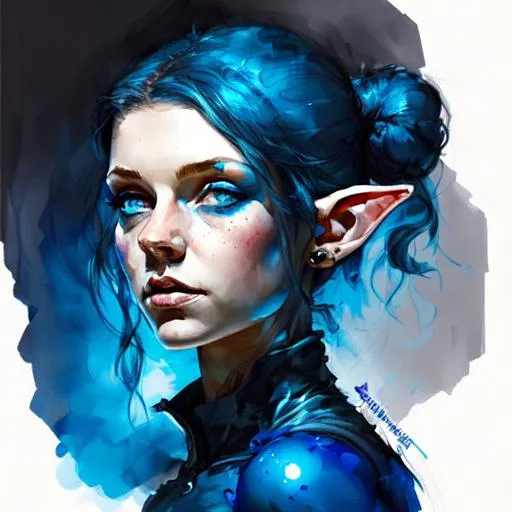 Prompt: Evil young pretty female elf with dark blue hair and blue eyes