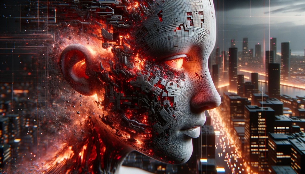 Prompt: Wide ratio red shift render capturing a close-up of an anthropomorphic female's face, her features displaying the intricacies of transhuman design. As she appears to be breaking apart, an amalgamation of embers and algorithmic patterns emerge, with a backdrop of a city building and glowing GPU terminals.