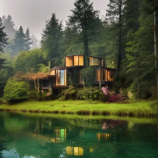 Prompt: house by a lake in a forest

