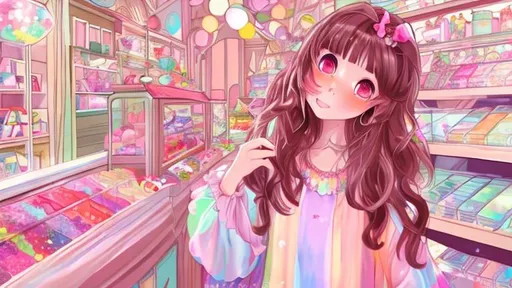 Prompt: anime art of a girl wearing colorful pastel frock, soft lighting, eating candy, bright colors, in a candy shop, brown hair, dreamy eyes