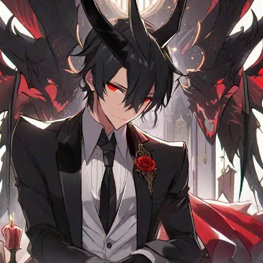 Prompt: Damien  (male, short black hair, red eyes) demon form, wearing a tuxedo, standing at the altar, biting his lip seductively, close up