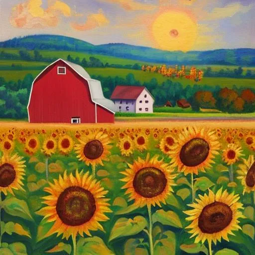 Prompt: impressionism style painting of sunflowers with a red barn in the background. Use light colors
