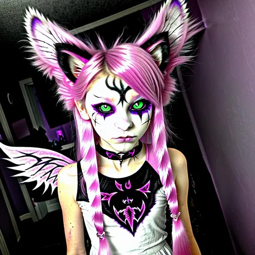 Prompt: Half demon, half wolf cat thingy hair made from fairydust eyes glow in the dark 12 inch scar arcrossed face because bullied, nerd, pretty clothing because princesse, half fairy fancy neckless from mom thats dead and bruses from dad I have angel wings I wEAR PINK maKeup and  My tail is the a fluffy demon tail, boy