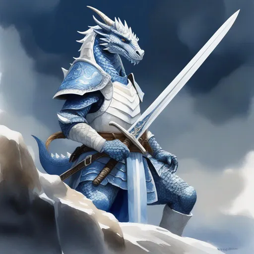 Prompt: A beautiful white and blue Dragonborn holding a sword, perfect composition, watercolor, super detailed, 8k, high quality, trending art, trending on artstation, sharp focus, studio photo, intricate details, highly detailed, by Greg Rutkowski, illustration, watercolor