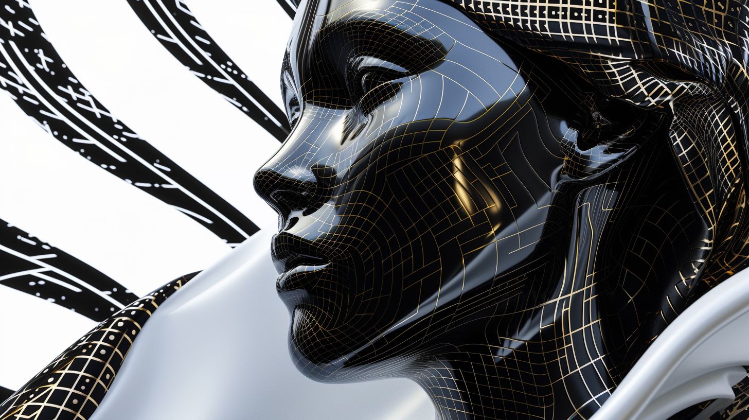 Prompt: Create an image of a futuristic metallic face with a side profile view. The face should be detailed with a mix of polished and matte black and gold sections, creating a sense of depth and complexity. The patterns should be fluid and organic, weaving around the facial features seamlessly. The background should consist of an abstract design of contrasting black and white geometric shapes that enhance the three-dimensional look of the face. The image should convey a fusion of art and technology, with an emphasis on elegance and precision.