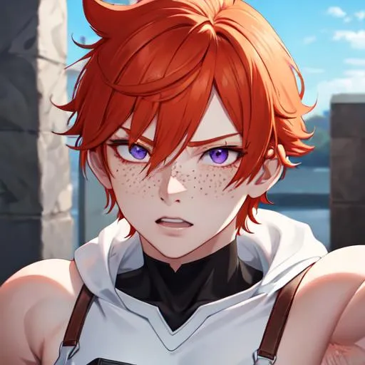 Prompt: Erikku male (short ginger hair, freckles, right eye blue left eye purple) muscular, UHD, 8K, Highly detailed, insane detail, best quality, high quality, casual outfit