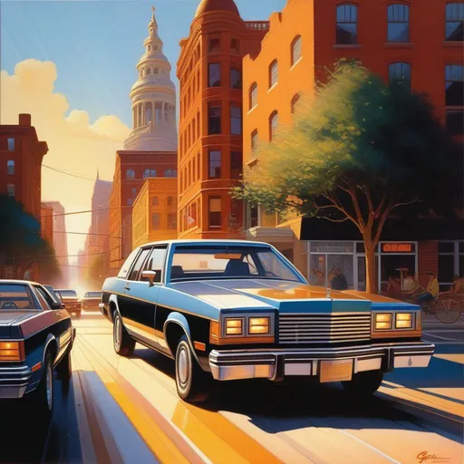 Prompt: 1980s, Cleveland, car chase, sunny weather, warm atmosphere, cartoony style, extremely detailed painting by Greg Rutkowski and by Henry Justice Ford and by Steve Henderson