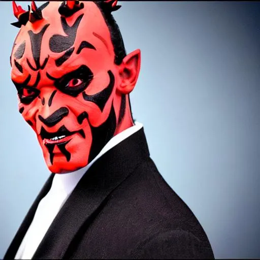 Prompt: Show me a high definition photorealistic glamor shot business dress press photo of Darth Maul smiling in a business suit dapper, and professional, but also upbeat.