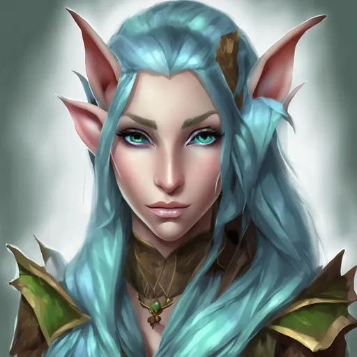 Prompt: portrait of a female elf wearing a hemp shirt. the elf has cyan eyes and cyan hair, digital art