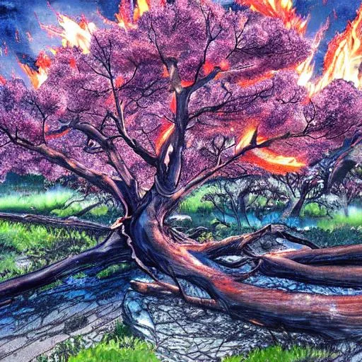 Prompt: Crack in the ground from an earthquake, forest, big peach tree on fire, anime art

