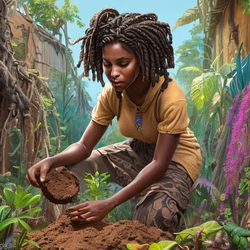 Prompt: Please produce a illustration of a beautiful black girl anthropologist working in the field examining soil, brown skin color, with braids, fantasy colors, daytime, background, high quality, trending art, trending on art station, sharp focus, studio photo, intricate details, highly detailed, UHD, HDR, 8K, ((Masterpiece))