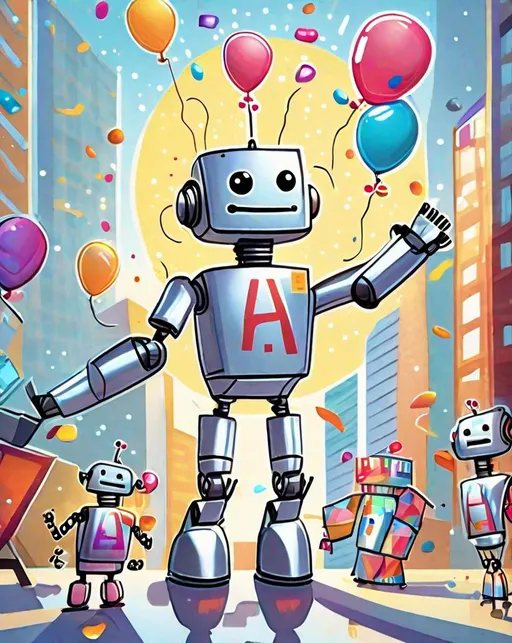 Prompt: A robot with a friendly, smiling face holds up a sign reading "Happy AI Appreciation Day!" in bubbly letters, surrounded by balloons and confetti. Other cheerful robots dance in celebration behind it. Rays of sunshine stream between high-tech skyscrapers, reflecting off the robots' shiny metal exterior. The modern urban environment appears welcoming and optimistic about the future with AI. Made in a Pixar style by Andy Fairhurst. ((Smiling robot)) ((Sunny skyscrapers))