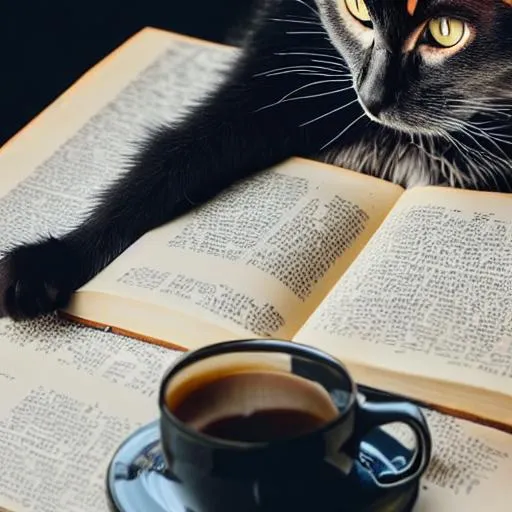 Prompt: A black cat with a coffee in its paws studying a book