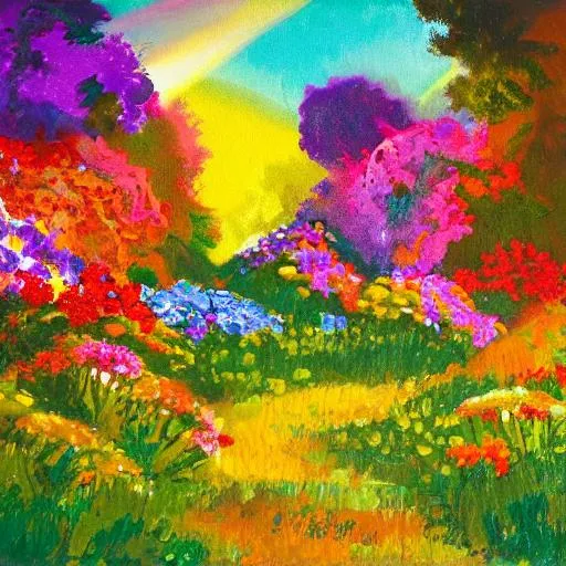 Prompt: A landscape of vibrant colors. Sunbeams, flowers in the forefront
