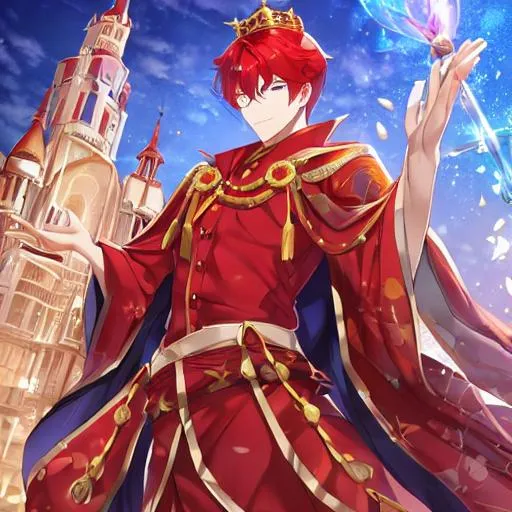 Prompt: butiful young man with a magic crown and red hairs elegant costume