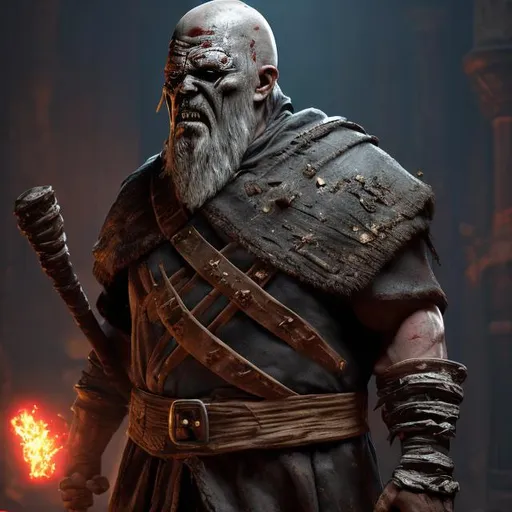 Prompt: old man, Tall, Intimidating, Large, male,  very dark white scarred skin, covered in bandages, gold tattered cloth armor exposes his midriff, hood of magical darkness mask like Xûr,  large red gem between pecs in chest, Barbarian, Strong, wielding large two-handed great-axe, Fantasy setting,