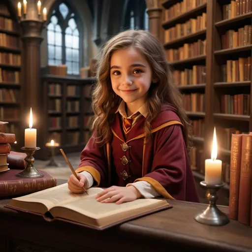 Prompt: Little Gryffindor witch with brown hair and brown eyes, being friends with Albus Dumbledore, the old headmaster of Hogwarts