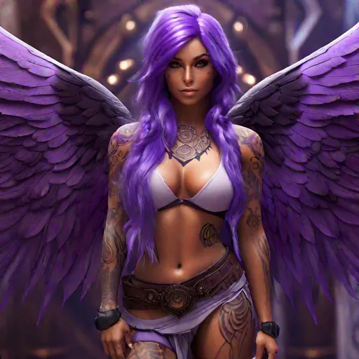 Prompt: Asura, {tan skin}, {purple hair}, {violet eyes}, female, perfect body, muscle woman, {short stack}, {photo realistic}, {cover art}, ethereal, {tribal tattoos}, {gossamer skin}, {large angelic wings}