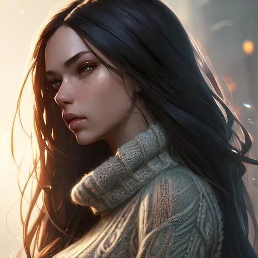 Prompt: hot girl wearing a cute sweater, slim body, long hair, head and shoulders portrait, 8k resolution concept art portrait by Greg Rutkowski, Artgerm, WLOP, Alphonse Mucha dynamic lighting hyperdetailed intricately detailed Splash art trending on Artstation triadic colors Unreal Engine 5 volumetric lighting