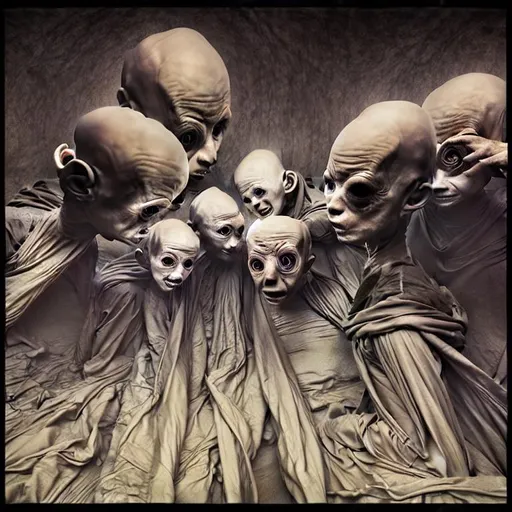 Prompt: A group of bald alien humanoid creatures, in long black gothic buildings bottom of image below, shiny robes, ambient light, Nikon 15mm f/1.8G, by Lee Jeffries, Alessio Albi, Adrian Kuipers hyperdetailed pencil line art drawing, Gustave Dore