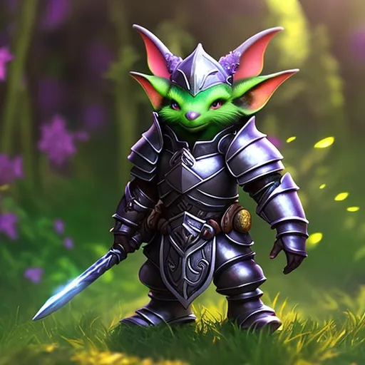 Prompt: Goblin, pots and pans armor, fantsy, playful, knight, adventure, outside background, purple skin, small, long ears, long nose, crystals, gems, magic, glow