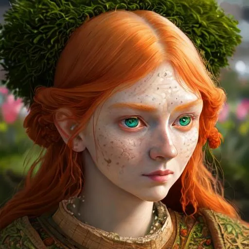 Prompt: Hyperrealistic painting of a peasant ginger women, nighttime, somber, 16k, highly detailed, big green eyes, exquisite , highly detailed, fluffy, intricate details, beautiful, lovely, adorable, beautiful, flawless, masterpiece, soft dramatic moody lighting, radiant love aura, ultra high quality octane render, hypermaximalist, garden, happy,closeup of face
