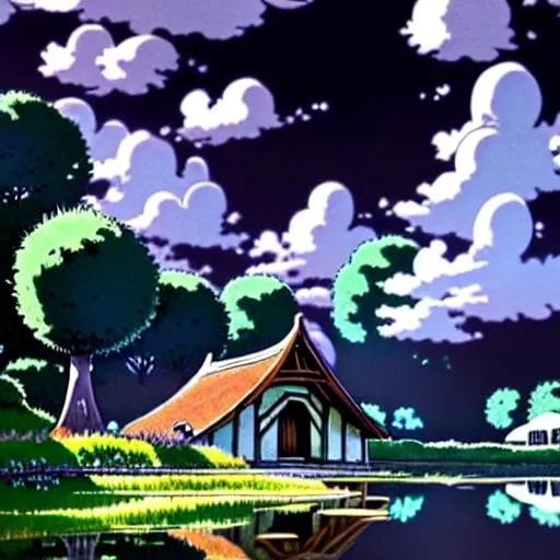 Prompt: the shire, the shire architecture, Lakeside, in the Style of Hayou Miyazaki, and Shinkai Makoto, Flowers and Lush Vegetation, Variated Greenery, Wide Angle, Clear Reflections, Anime, Animation Concept Art, Studio Ghibli, Natural Lighting, Realistic, 8K, Beautifully Detailed, Sun Rays, Cel-Shading, Light Diffusion, Cinematic Shading, and Cinematic Elements