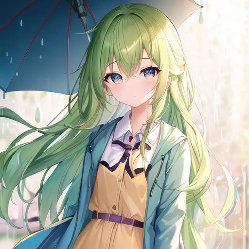 Prompt: (masterpiece, best quality:1.2), illustration, absurdres, highres, extremely detailed, 1 (petite) girl, Blue long hair, golden eyes, eye highlights, (green raincoat), depth of field, (:d:0.8), chromatic aberration abuse, pastel color, Depth of field, facing camera, raining, happy, wearing raincoat, dress