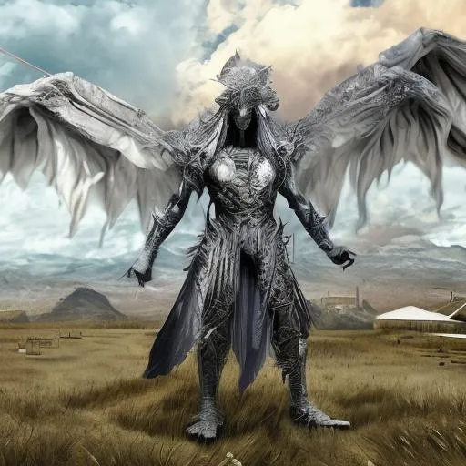 Prompt: Giant fierce demon like monster in an open field, bright lighting, clear blue sky with clouds in the background, HDR, ultra realistic, symmetrical, everything in sharp focus, short fierce teeth, chest armored with plates of steel, metal arms with detailed sharp blades, piercing looks