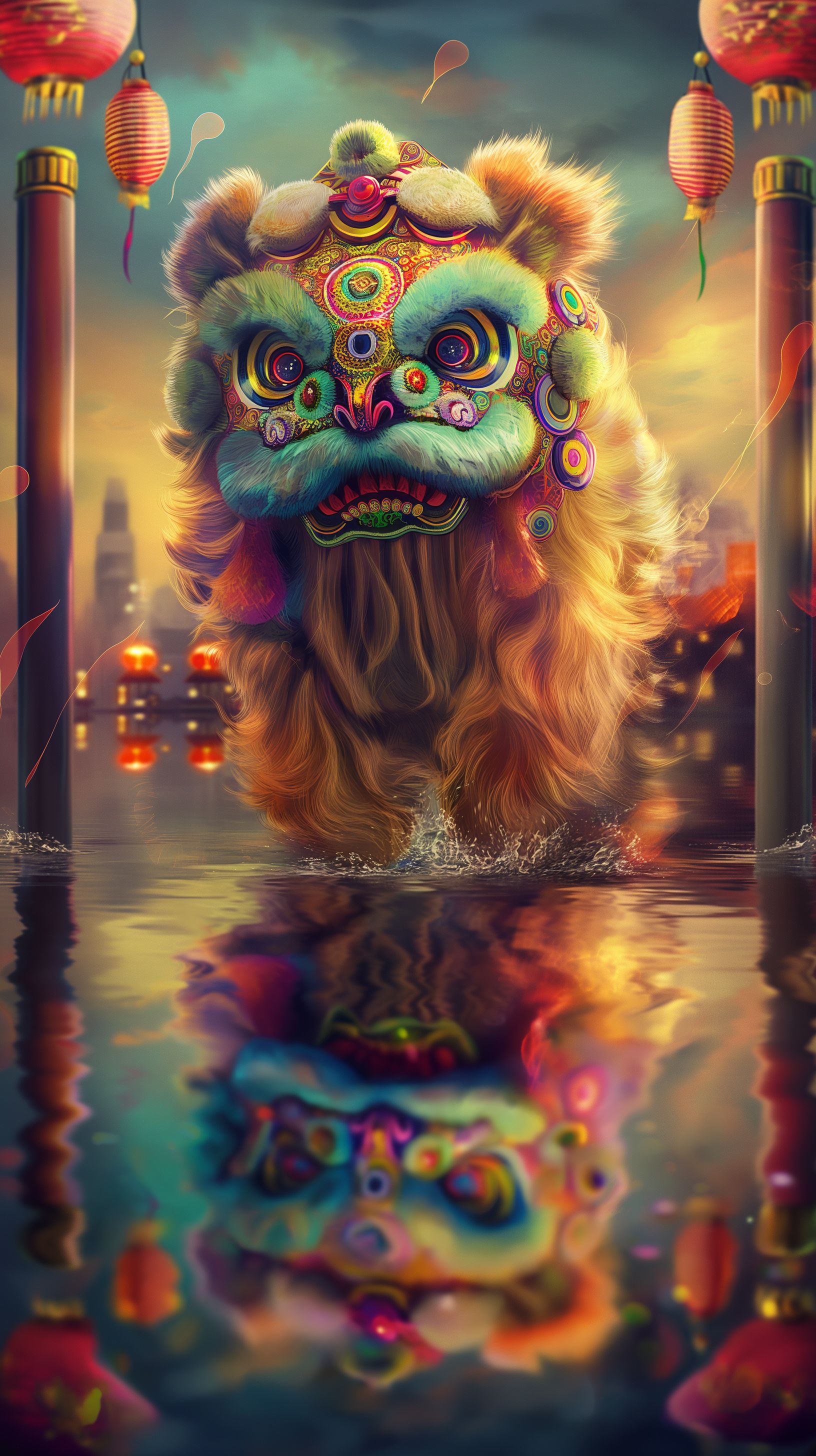 Prompt: realistic chinese lion jumping over poles, fluffy fur, adorable colorful face, bright glowing eyes, perfect reflection in the water under the poles they are standing on, colorful asian city backround, peace --ar 9:16 --v 6.0