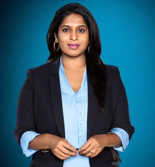 Prompt: indian news reader, dark skin news presenter, straight head, look straight inside the newsroom,tan women,MIDSHOT,High quality,photo-realistic, Head straight, looking straight,photo-realistic portrait of 23 yr Indian old female, centered in the frame, facing camera, Straight look into the camera symmetrical face, ideal human, 85mm lens,f8, photography, ultra details, natural light, light background, photo, Studio lighting, masterpiece, realistic, (23 yr Indian old female), beautiful face, wearing a formal dress, with straight shoulder-length chestnut black hair worn a ponytail, dark brown eyes, wearing a formal uniform in coat, diffused light, background green, highly detailed, character sheet, concept art, smooth, positioned so that their bodies are symmetrical and balanced directly towards the viewer, amazing Incredibly beautiful 20-something girl, detailed hairstyles, news reader, Anchor, Indian news reader, photorealistic, Straight look into the camera 