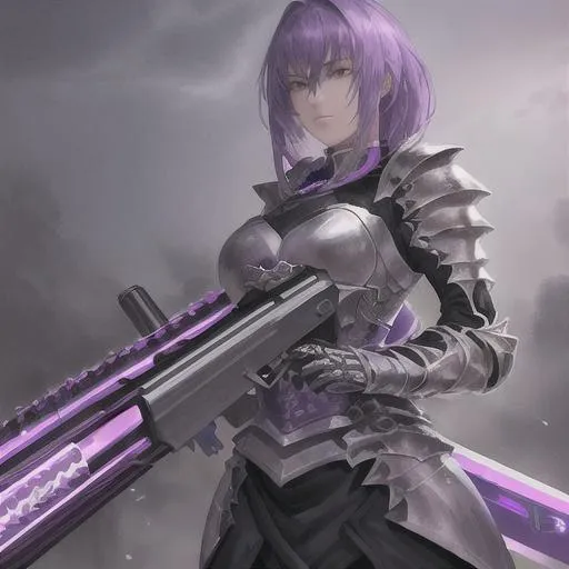 Prompt: a highly detailed HD master piece of a female knight with purple hair and a active futuristic rail gun