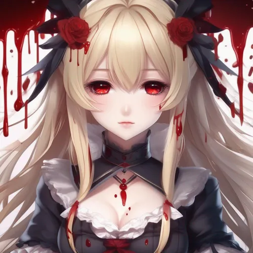 Prompt: 3d anime woman cute innocent covered in blood blonde hime hair and red eyes and beautiful pretty art 4k full HD