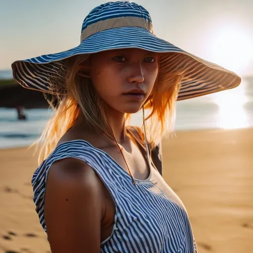 Prompt: Woman with bucket hat with a frog on it at the beach facing away towards the sunset with the sun hitting her hair making it look golden brown with a blue striped shirt on