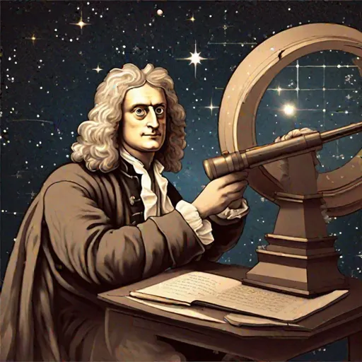 Prompt: Create a image of Isaac Newton looking through his telescope at the stars