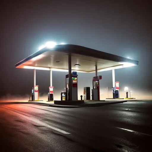 Prompt: Empty gas station in the middle of nowhere at night with fog